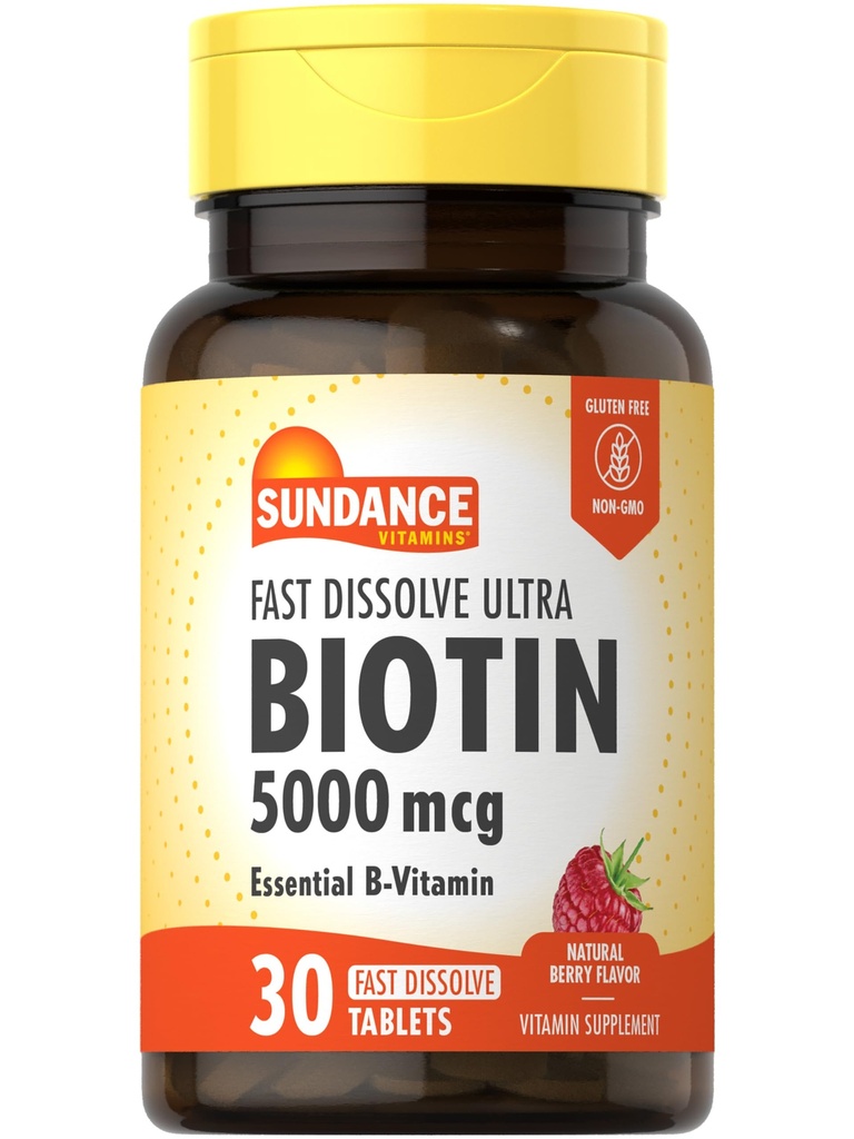 Sundance Fast Disold Biotin 5000mcg CLAS124; 30 Tablet CLAS124; Essential B-Vitamin CLAS124; Natural Berry Flavor CLAS124; Vegetarian, Non- GMO, a gluten zdarma dodatek
