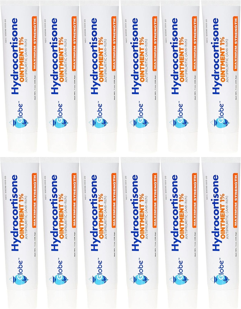 Glóbus Hydrokortizon 1% Maximální síla Transparentní Mast 1 oz 124; Anti- Itch Mast pro červenost, Otok, Itch, Vyrážka, Dermatitida, Bug / Mosquito Bites, Eczema, Hemeroidy & Více (12 Pack)