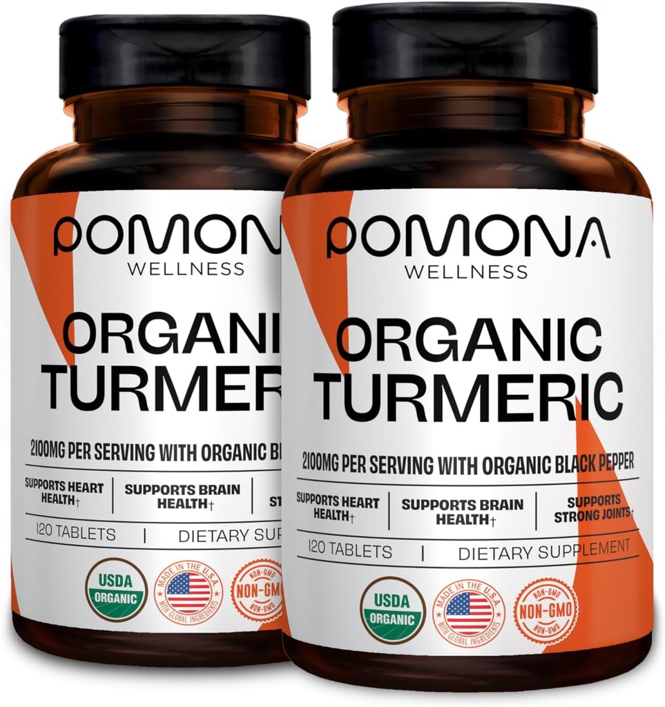 Pomona Wellness Organic Turmeric Supplement 2100 mg, USDA Organic, Non- GMO, Vegan, Turmeric Curcumin s černým pepřem pro absorpci, pro společnou podporu a imunitu, 240 tablet (2 balení)