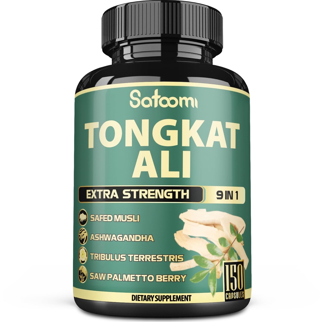 Satoomi 9in1 Tongkat Ali Root Extract 200: 1 - Ashwagandha, Tribulus Terrestris - 150 Kapsle na 5 měsíců - Podpora síly, energie a zdraví imunitní