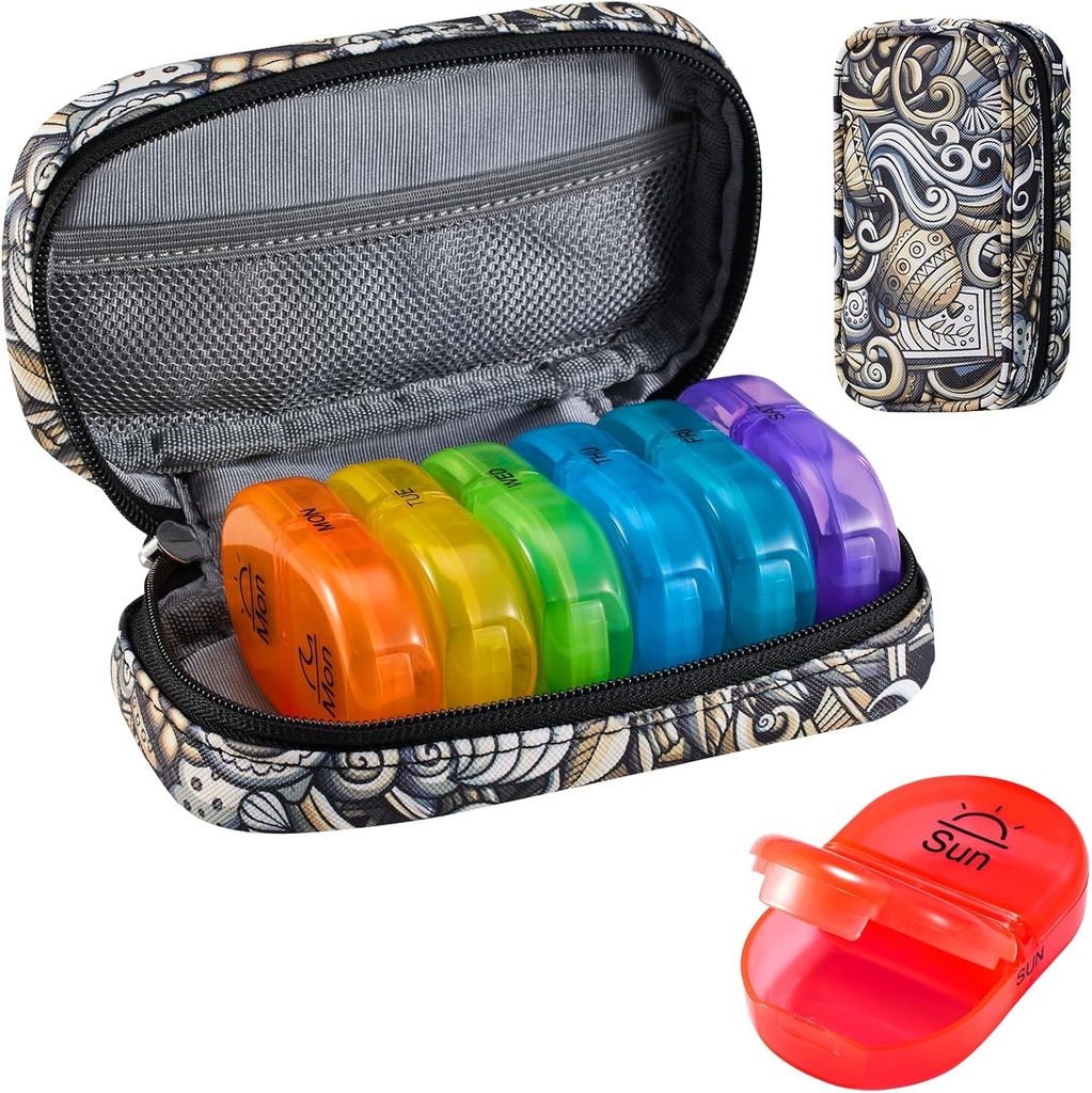 Serfeymi Týdenní Travel Pill Organizátor 2 Times A Day PM Upgraded Rainbow Pill Box 7 Day with Portable Zipper PU Leather Pill Case, Medicine Organizer for Pills, Vitamíny, Rybí oleje - Brown 03