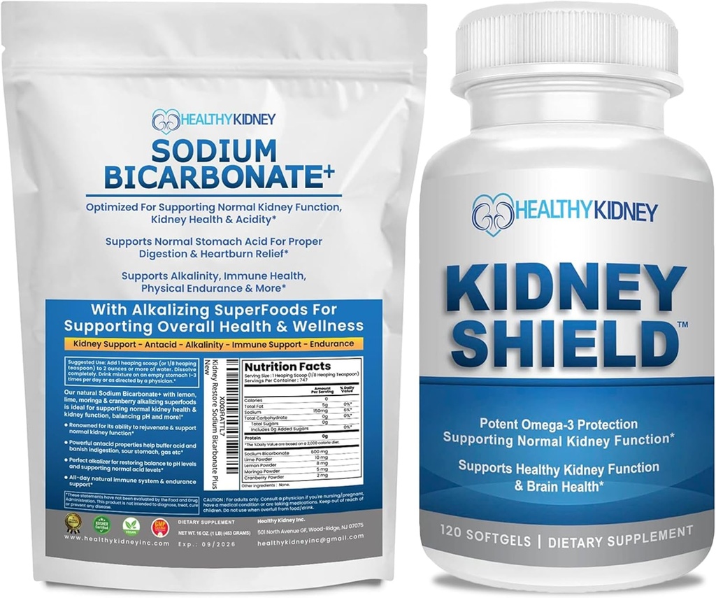 Organický bikarbonát sodný Alkalický dodatek Bundle: 1LB prášek pro alkalitu, kyselý neutralizátor a podpora ledvin + 120 Caps Ledviny štít pro zdraví ledvin, čištění & Omega 3