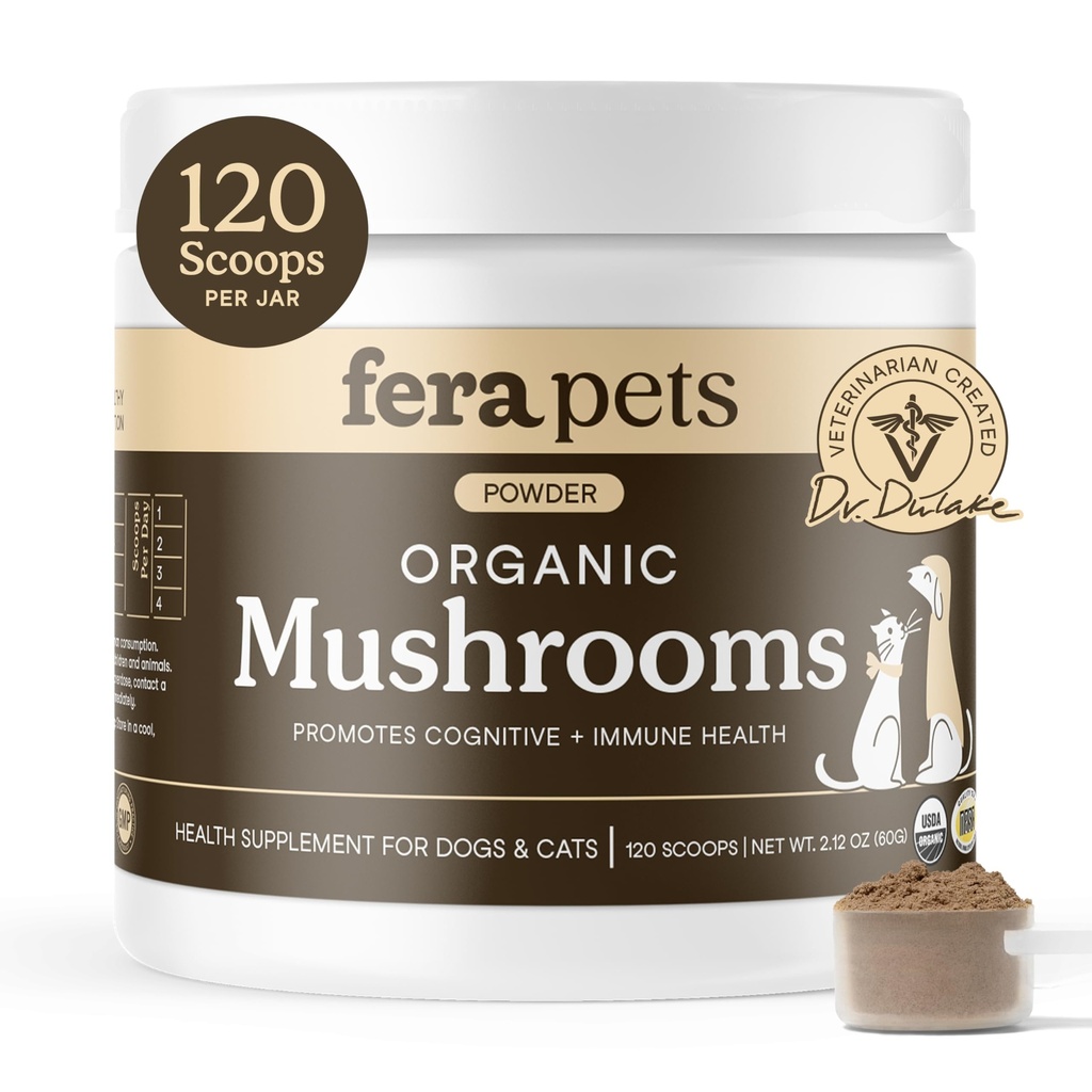 Fera Domací houba dodatek pro psy a kočky s krůtí ocasem - USDA Organic - Kognitivní a imunitní podpora - Zlepšení funkce jater - Podporuje zdravé gut - Prášek - 120 Scoops
