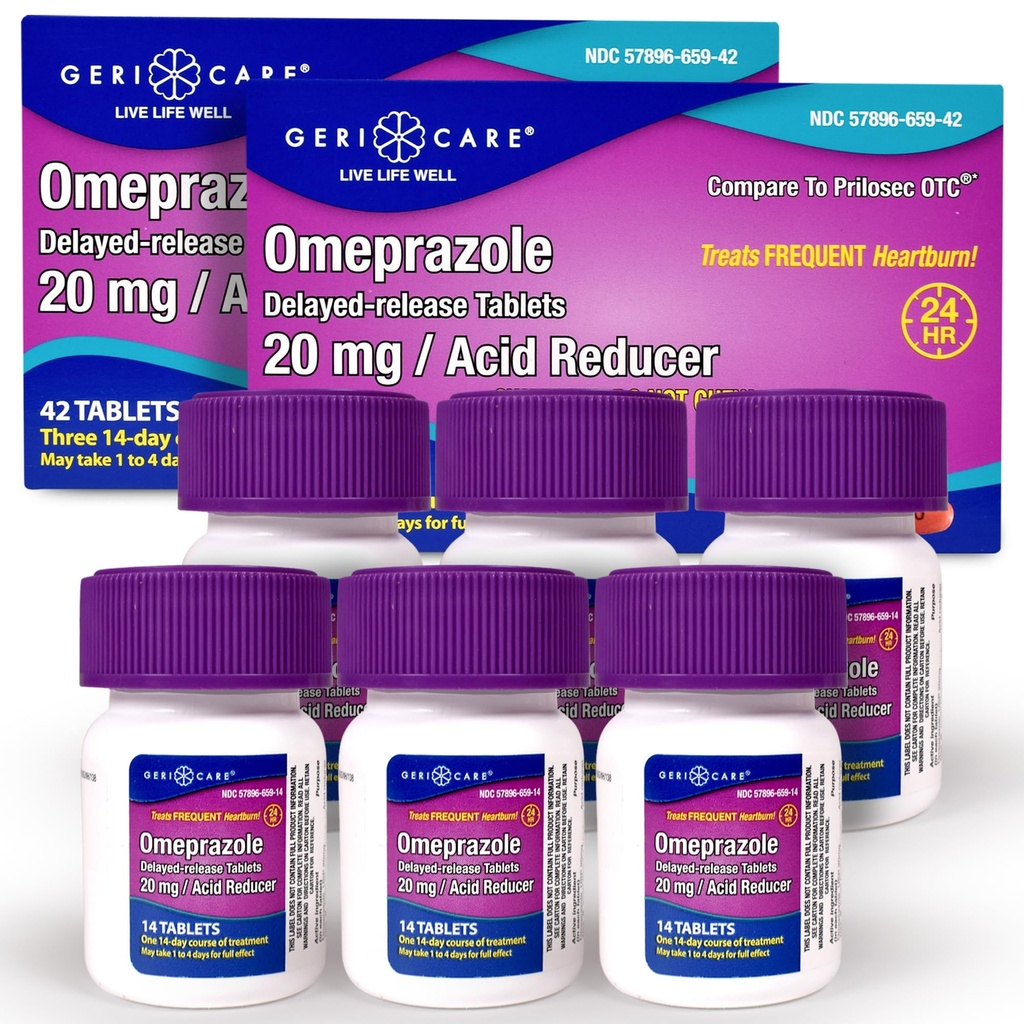 GeriCare Omeprazol Zpožděné uvolňování tablet 20mg Somech Acid Reducer pilulky pro 24 hodinový Relief- Acid Reflux Medicine k léčbě časté Heartburn- Anti- Acid Relief tablety 42 Počet (2 Pack)