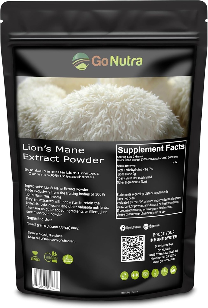 Go Nutra - Lion 's Mane Powder, Potent 10: 1 Lion' s Mane Houby Powder with 30% Polysaccharides, Pure Lion 's Mane Extract for Tea, Juice, Water, and More, Non- GMO, Vegan, 8 oz