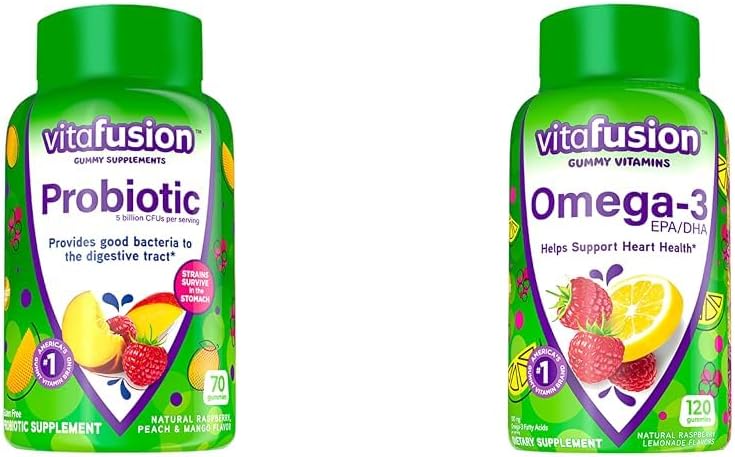 Vitafuze Probiotické Gumové doplňky, Maliny, Peach a Mango Flavors & Omega-3 Gumové Vitamíny, Berry Lemonade ochucené, Srdce zdraví Vitamíny (1) s Omega