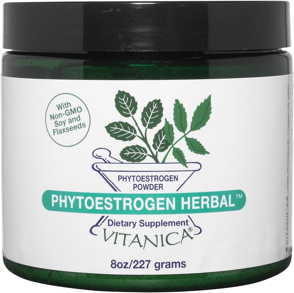 Vitanica Phytoestrogen Herbal Non- GMO PMS, Menopauza Relief Dodatek pro ženy, Hormon Balance, Night Sweats & Hot Flash Relief, Soy Isoflavones, Vegan, Powder 8 Oz (Phytoestrogen Herbal Pro Logo)