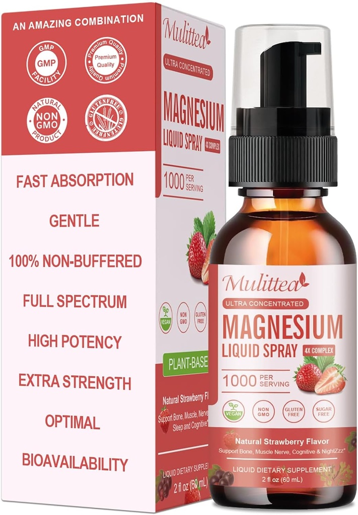 Glycinát hořečnatý Tekutý sprej s citrátem, oxidem uhličitým a malátem, hořčík s celým vitamínem, L- theanine, D3K2, B6 pro srdce, křeče v nohách, svaloviny & Energy- Sugar- Free Jahodový Flavor, 2 Fl Oz