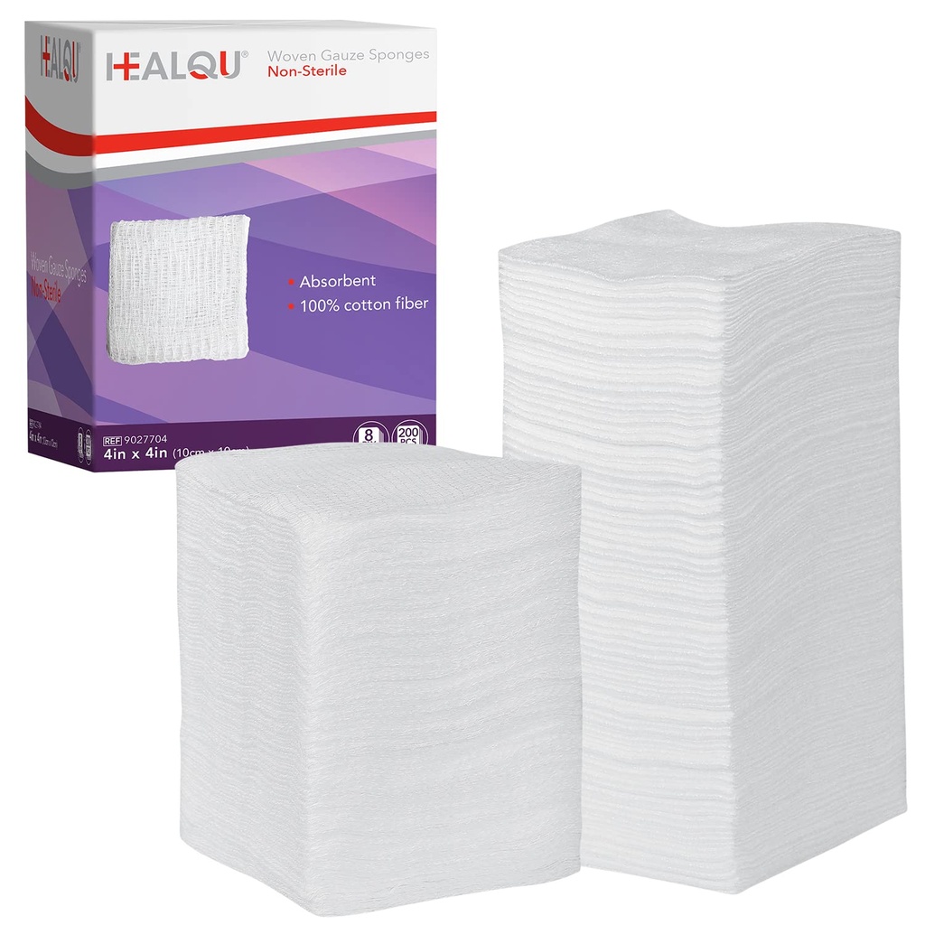 HEALQU 4x4 Gázové desky - 12 Ply Tkaniny balení 200 - Ultra Absorbent Soft Non- sterilní chirurgické Sponges for Wound Dressing, Debridement, Clearing and Prepping