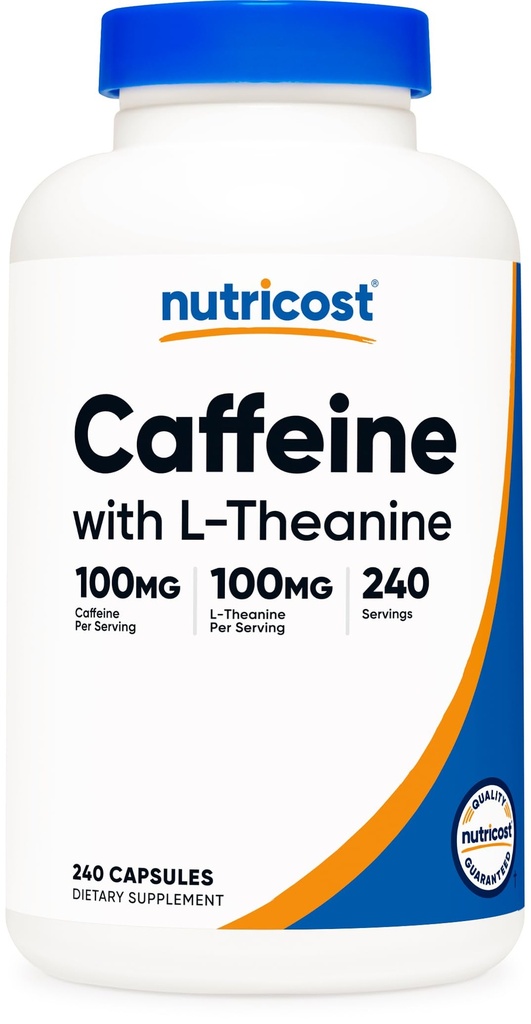 Nutricost Kofein s L- Theanine, 100mg každé, 240 Kapsle, 240 Servings - Non- GMO a gluten zdarma