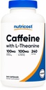 Nutricost Kofein s L- Theanine, 100mg každé, 240 Kapsle, 240 Servings - Non- GMO a gluten zdarma