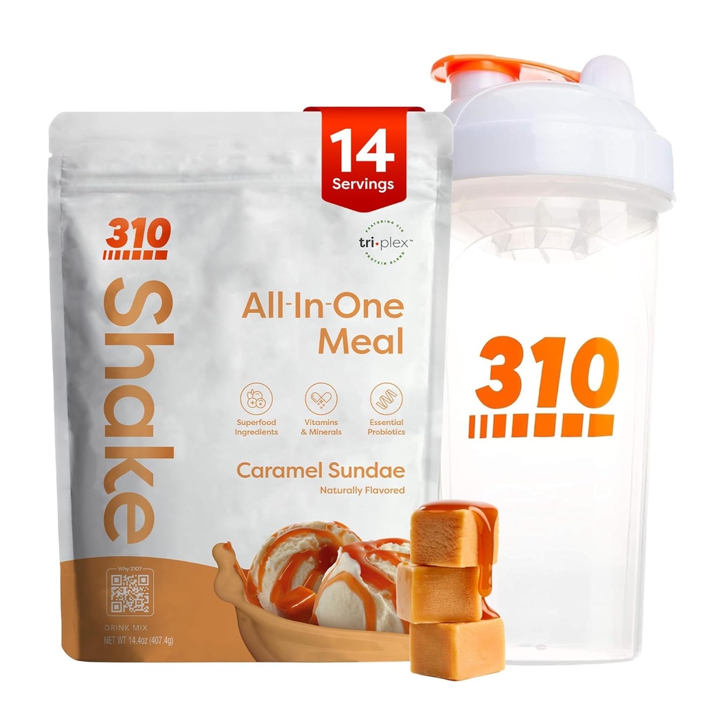 310 Nutrition All- in- One Meal Náhrada Shake Powder w / Shaker Cup Starter Kit - High Protein Fiber Rich Vegan Superfood Blend - Sugar- Free, Keto & Paleo Friendly, Low Carb - Karamel Sundae 14 srv