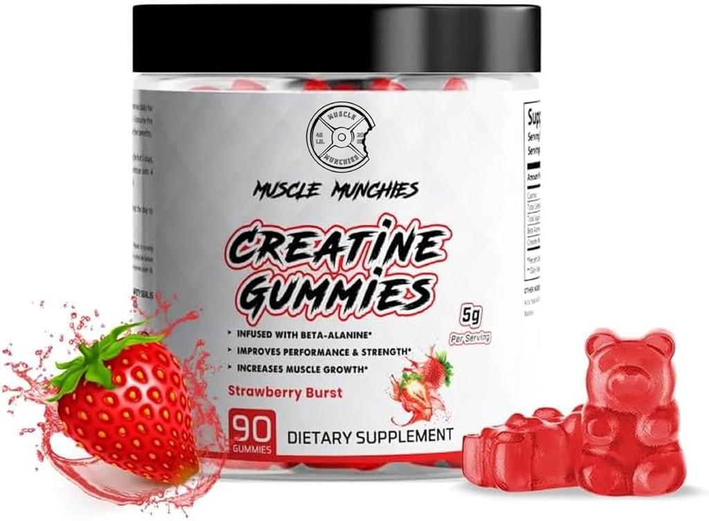 Muscle Munchies Creatine Žvýkací gumy pro muže & Women- Infused with Beta Alanine- 5g of Creatine Per Serving- Increases Strength, Endurance, & Recovery- Vegan, NonGMO (Strawberry Burst)