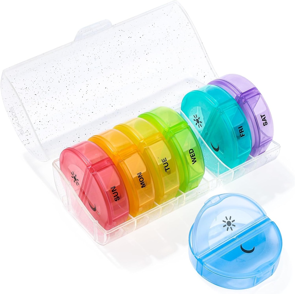 Sukuos Velké týdenní pilulky organizátor 2 krát denně, Denní Pill Box 7 den snadno otevřít s dvojitou ochranou, AM PM Pill pouzdro pro medicínu / vitamín / rybí olej / doplňky (třpytky jasné)