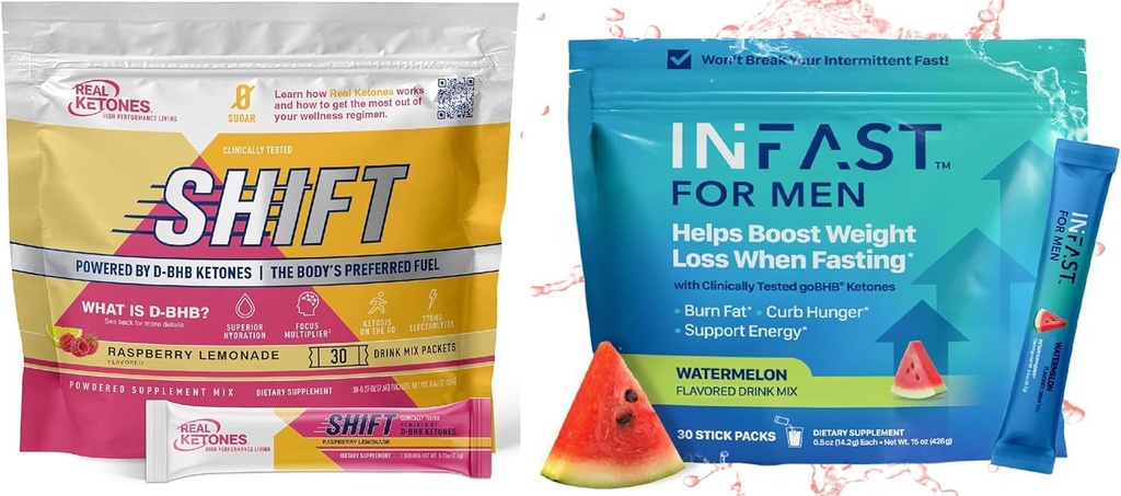 Real Ketones Intermitent Fasting Drink Mix Bundle for Weight Loss Support Raspberry Lemon Shift Electrolytes & Intermitent Fasting Electrolytes for Men with BHB Exogeneous Ketones (30 Count Each)