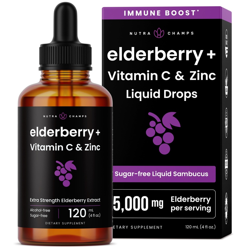 NutraChamps Organic Elderberry Syrup - 5000mg Elderberry Extract s vitaminem C & Zinc - Black Elderberry Liquid Drops - Sugar- Free Imunity Booster, Vegan, gluten- Free