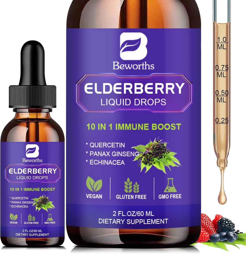 Bezinky Sirup Black Elderberry Drops s Quercetin, Panax Ginseng, Vitamin C a zink, Sambucus Elderberry Sirup Liquid, Vegan, Non- GMO & gluten zdarma