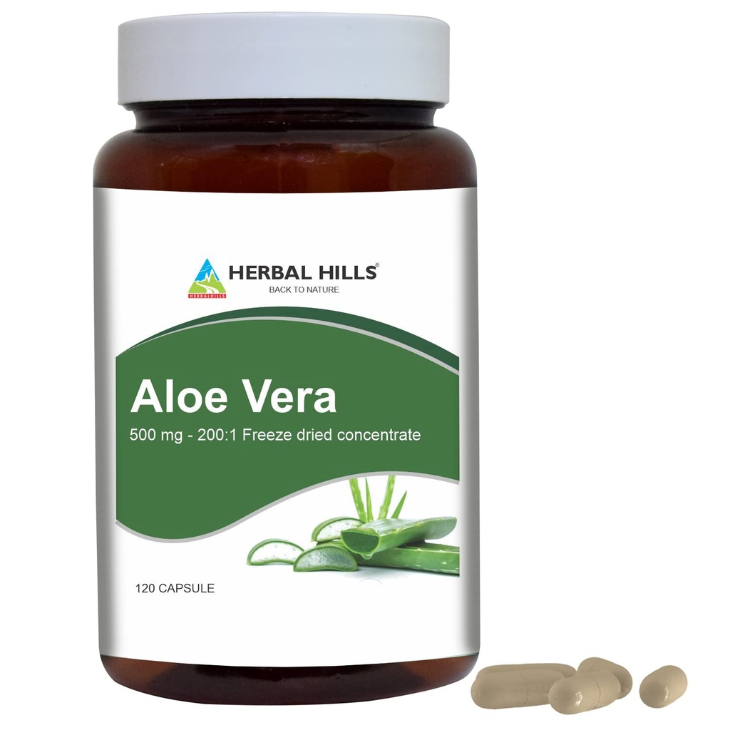 HERBAL HILLS Aloe Vera Kapsle (Aloe barbadensis) YY124; 120 Kapsle (500 mg) YYY124; Čistá Aloe Freeze Sušený prášek dodatek, vysoká koncentrace, podporuje celkové well- Being