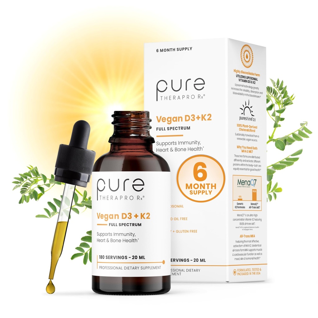 Čisté terapeutické Rx Vegan D3 + K2 Organic 100% Lipozomal 20ml Vyrobeno v USA 124; 6 Měsíční zásoba 124; Maximální absorpce vitamin D3 a vitamin K2 doplňky pro muže a ženy, D3 Vitamin 5000 IU
