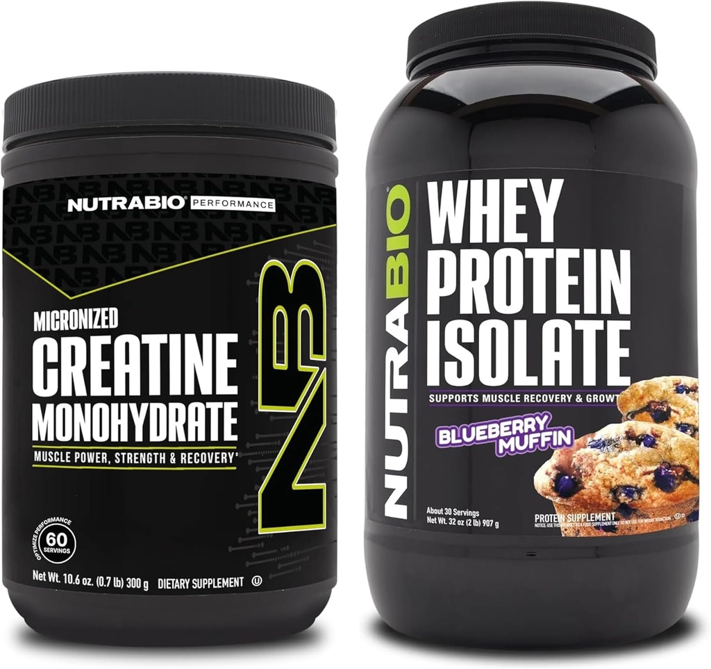 NutraBio Creatin Monohydrát, Neochucené, 300g a syrovátkové proteinové izolát, borůvkový muffin, Doplněk Bundle - Svalová energie, Lean růst svalů, zotavení, a síla