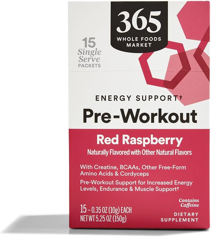 365 by Whole Foods Market, Pre- Workout Energy Support with Caffeine, Single-Serve Packets, Red Raspberry, 15 Count