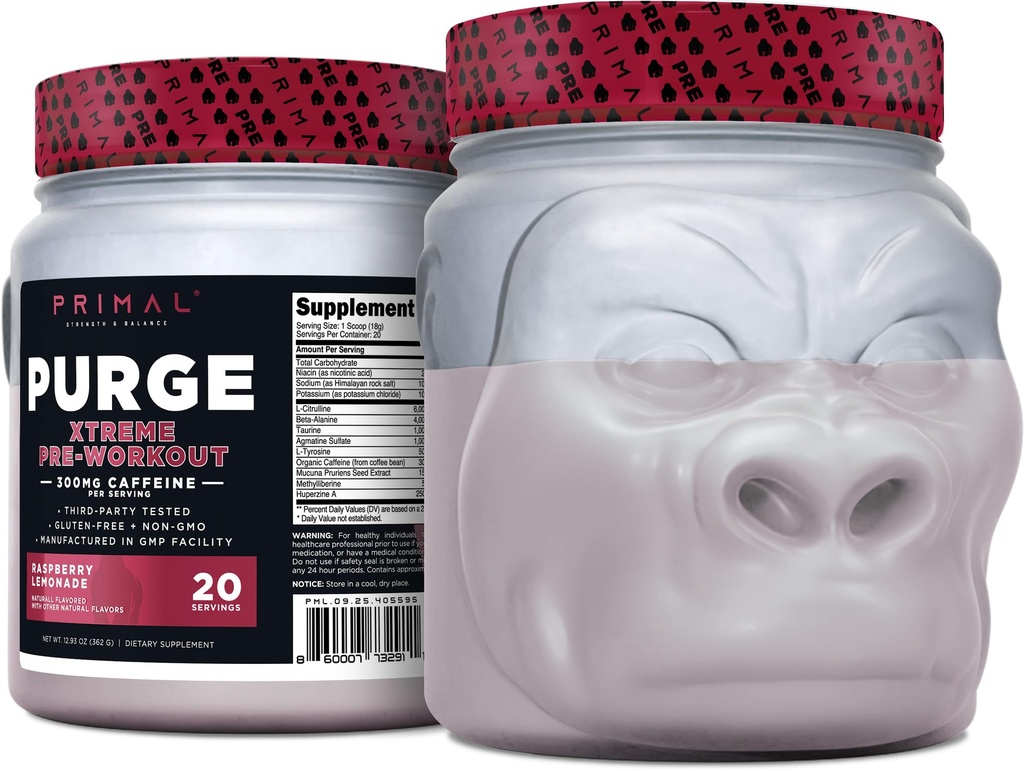 Primal Purge Xtreme Pre- cvičení (Raspberry Lemonade Flavor) (20 Servings) - gluten- Free + Non- GMO