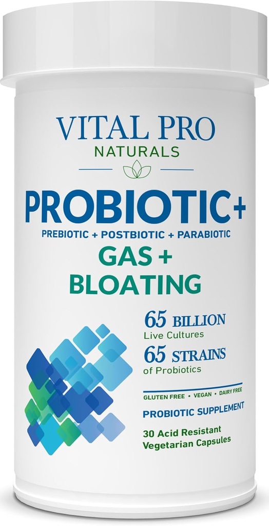Vital Pro Naturals - Gas & Bloating Probiotika + Prebiotika, Postbiotika, Parabiotika, 4-in-1 Zdravotní dodatek pro dospělé, Vysoká potence, 65 Stravovacích, Jednou denně stravitelné a imunitní podpora, 30 ct