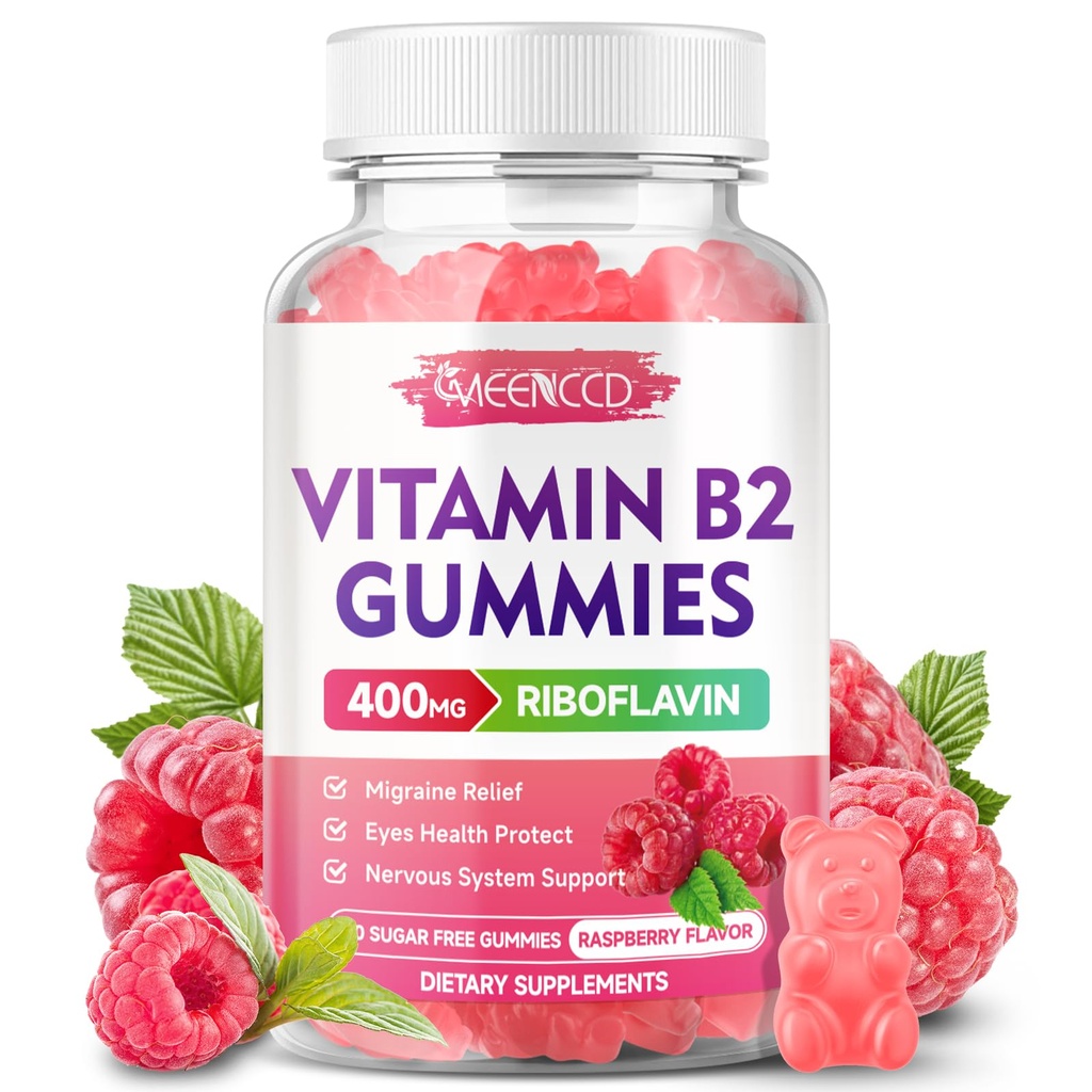 Vitamin B2 Gummies Riboflavin 400mg dodatek s hořčík pro děti a dospělé, B2 Gummies pro Migréna Relief & Nervový systém Podpora, Vegan, Sugar- zdarma, Malina Flavor, 60 Počet