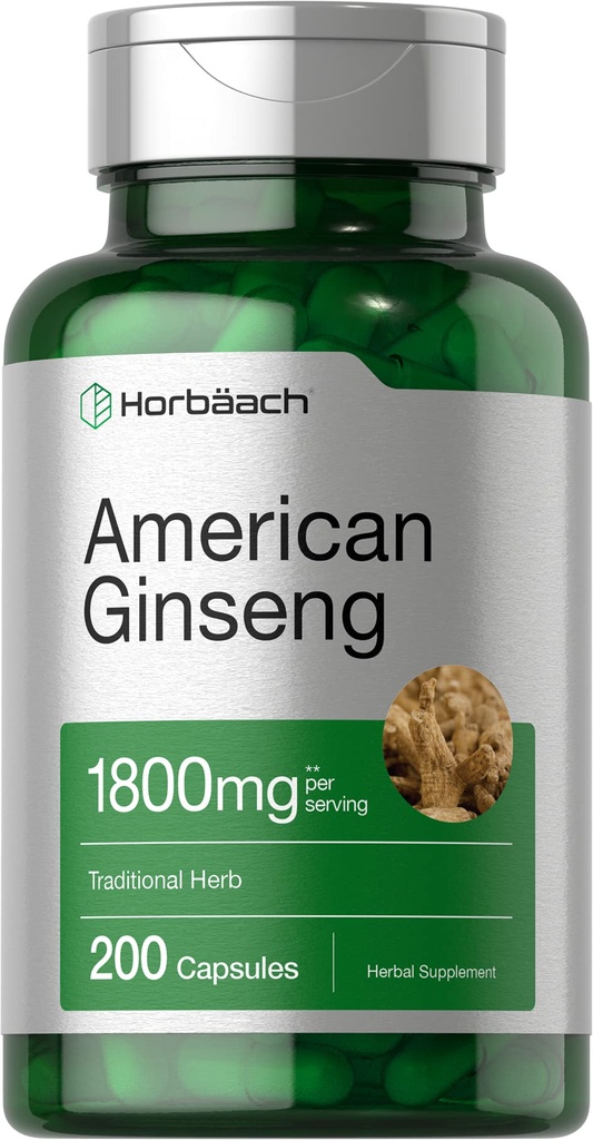 Horbäach American Ginseng Kapsle 124; 1800 mg FLAND124; 200 Count FLAND124; Non-GMO, gluten zdarma dodatek FLAND124; Ginseng Root Extract Complex