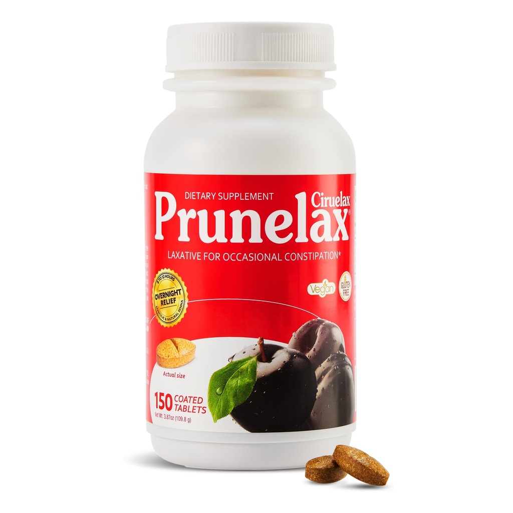 Prunelax Ciruelax Pravidelná síla Laxativní tablety - Natural- Ingredience based Laxative for Occasional Constolly, Predictable Overnight Relief with Senna Leaf Extracts, 8-12 Hr Fast- acting - 150ct