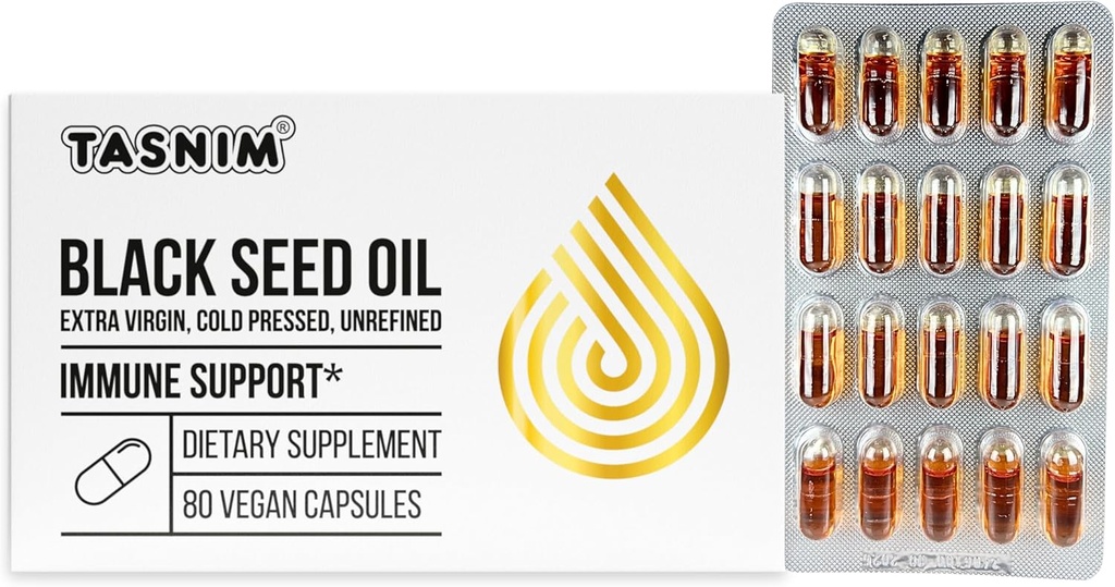 Tasnim Black Seed Oil Organic Cold Pressed Kapsle 100% Pure Cold- Pressed Black Cumin Seed Oil Nigella Sativa pro imunitní podporu, Joint Comfort a Vitality