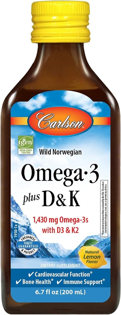Carlson - Omega33 + D & K, 1430 mg omega- 3s, 2000 IU (50 mcg) D3, 90 mcg K2 as MK-7, Heart Health, Bone Support, Lemon, 200 ml