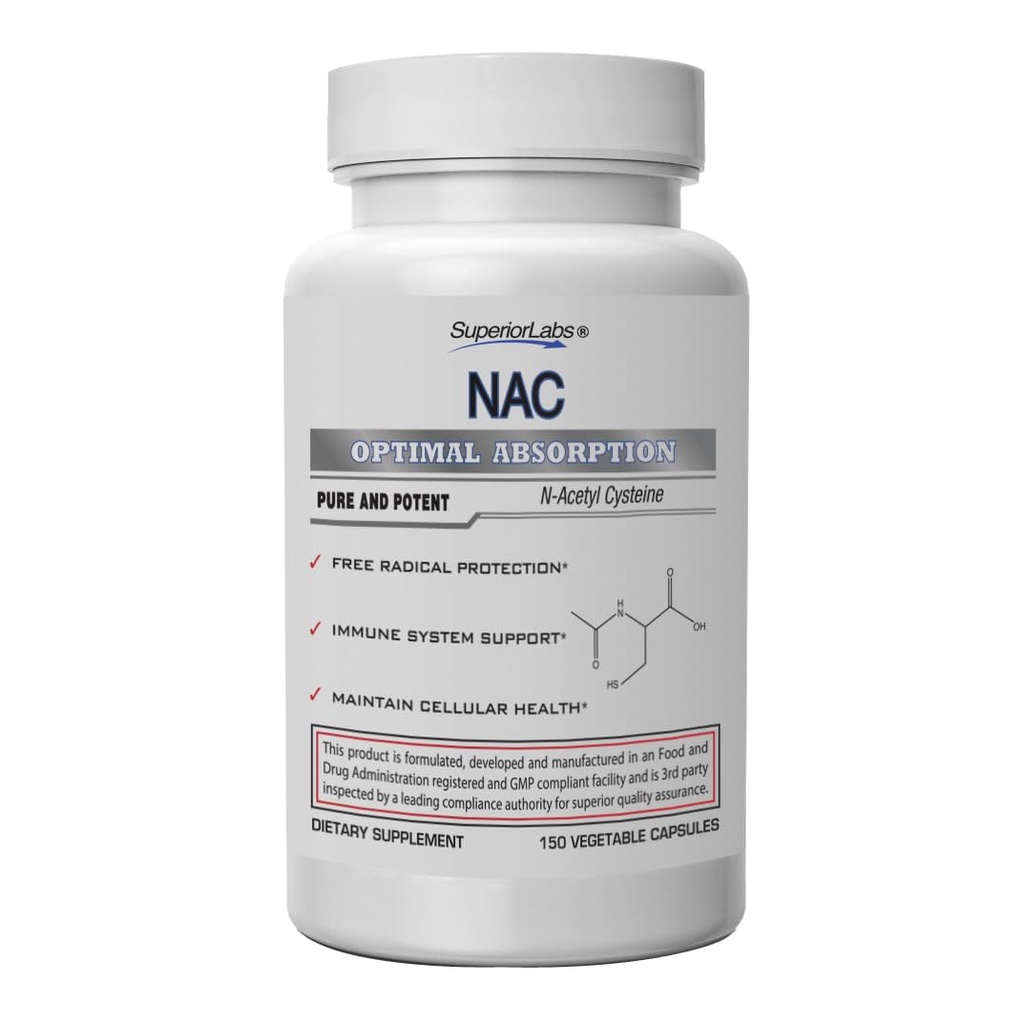 Superior Labs NAC (N- Acetyl Cystein) 1,200mg, 150 Zeleninové kapsle, Dietní dodatek se seleniem, Free Radical Protection, Normal Imunitary System Function, Udržuje buněčné zdraví