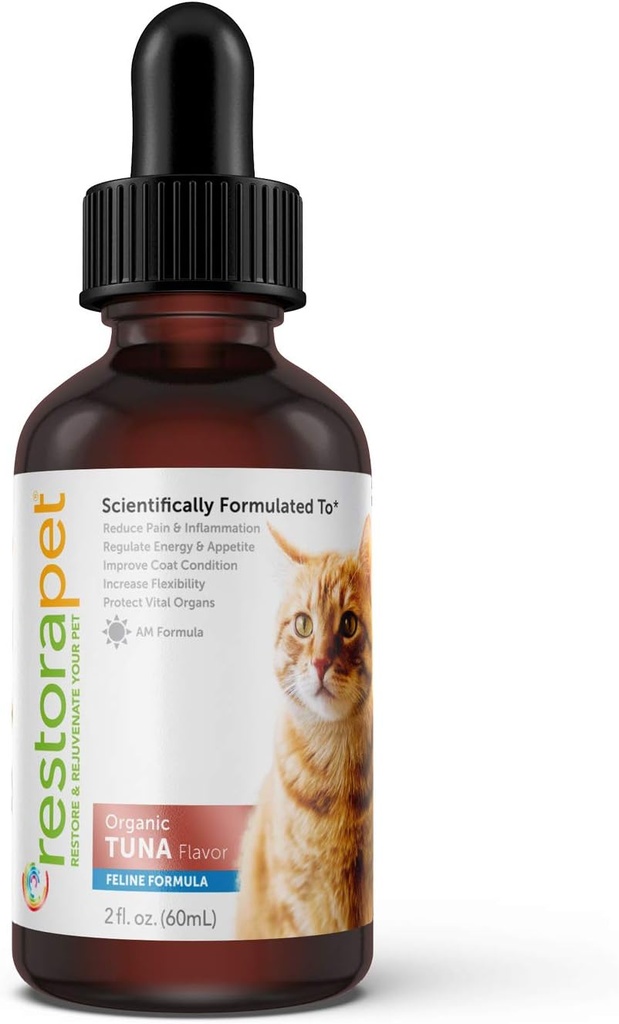 RestoraPet Organic Cat dodatek 124; Zdravý a bezpečný antioxidant kapalné kapky 124; Anti- zánětlivé multi- vitamin 124; zvyšuje mobilitu a energii 124; Cat společný dodatek 124; Tuna ochucené
