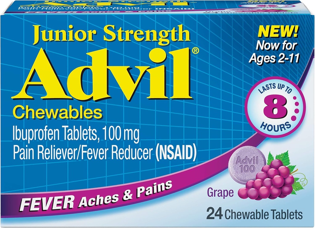 Advil Junior Chewable Ibuprofen Tablety, Grape 100mg, 24 Tablety každé (Balení po 6)