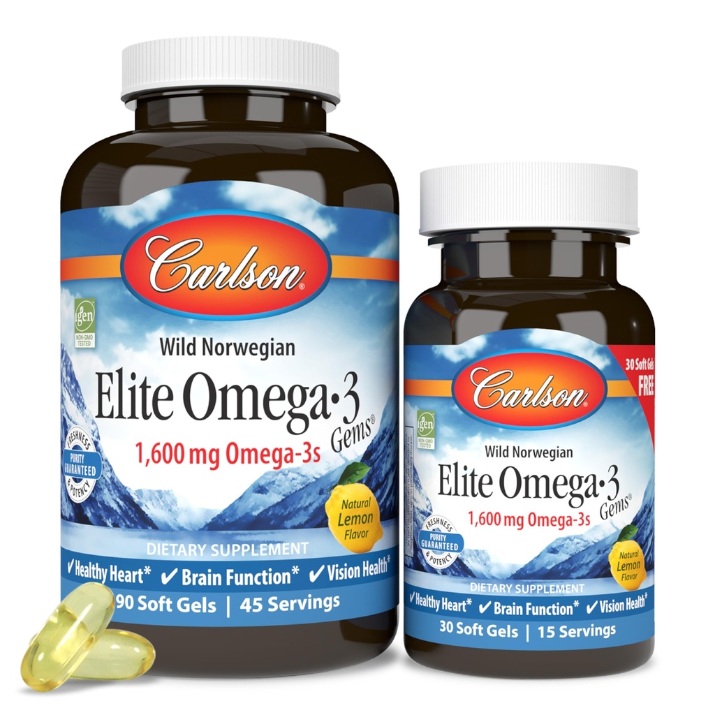 Carlson - Elite Omega33 Gems, 1600 mg Omega33 mastné kyseliny včetně EPA a DHA, norské, Wild- Caught fish oil Supplementary, Sustainable Sourced Capsules, Lemon, 90 + 30 Softgels