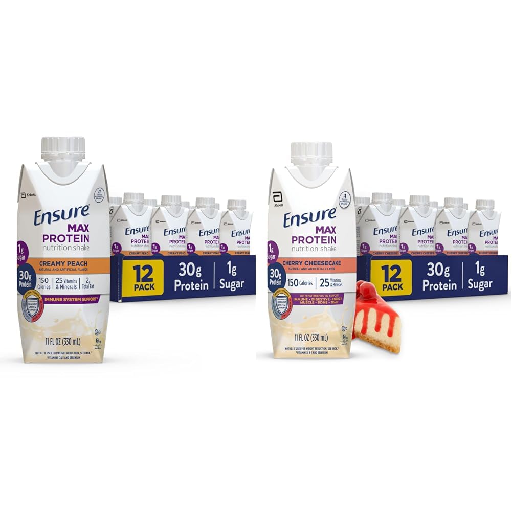 Zajistit Max Protein Nutrition Shake s 30g protein, 1g cukru, High Protein Shake, Creamy Peach a Cherry Cheesecake Variety Pack, 11 fl oz, Pack of 12
