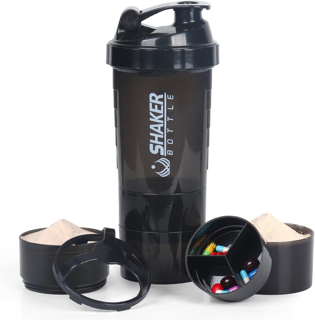 VECH Shaker Lahvičky pro proteinové směsi Cvičení Shaker Leak Proof vodní láhev Non Slip 3 Layer Twist Off 3 OZ s Pill Tray pro skladování protein prášek Shake Lahvička 16 OZ Shake Cup (Black)