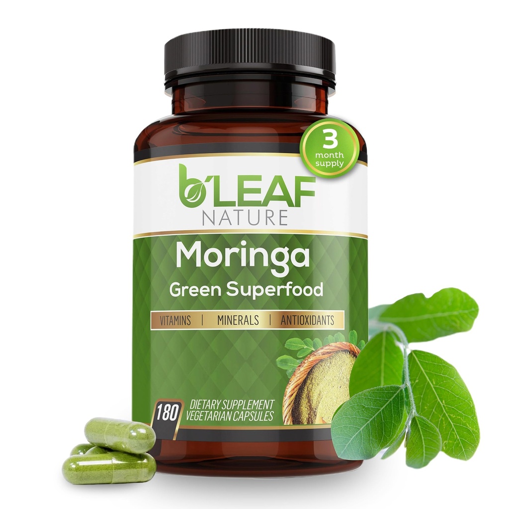 B 'LEAF NATURE Organic Moringa Kapsle 1000mg, 180 Počet - Moringa Kapsle s Organic Olefeira Prášek pro imunitní podporu, Energy & Balance - Vegan, Non- GMO doplňky pro denní Wellness
