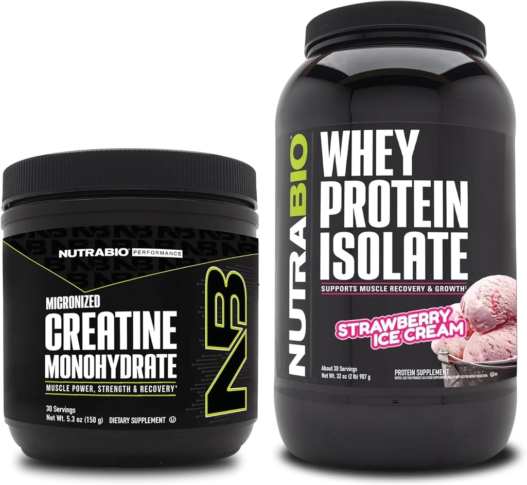 NutraBio Creatine Monohydrát, Neochucený, 150g a syrovátka izolát, jahodová zmrzlina, Doplněk Bundle - Svalová energie, Lean růst svalů, zotavení, a síla
