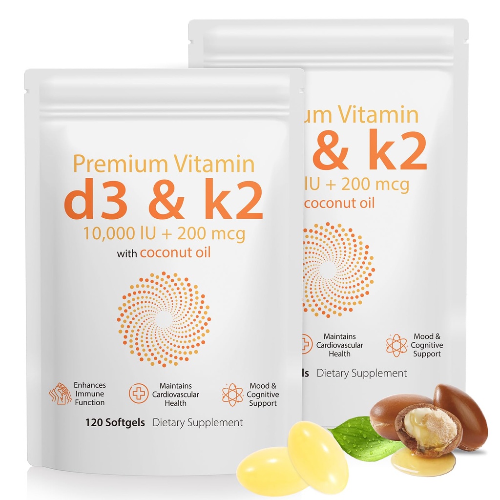 D3 K2 Vitamin 10000 IU - 240 Softely z kokosového oleje, 2 v 1 Vitamin D & K Komplexní doplněk Softgel - Imunitní podpora a absorpce vápníku, zdraví kostí a srdce (240 Počet (balení po 2))