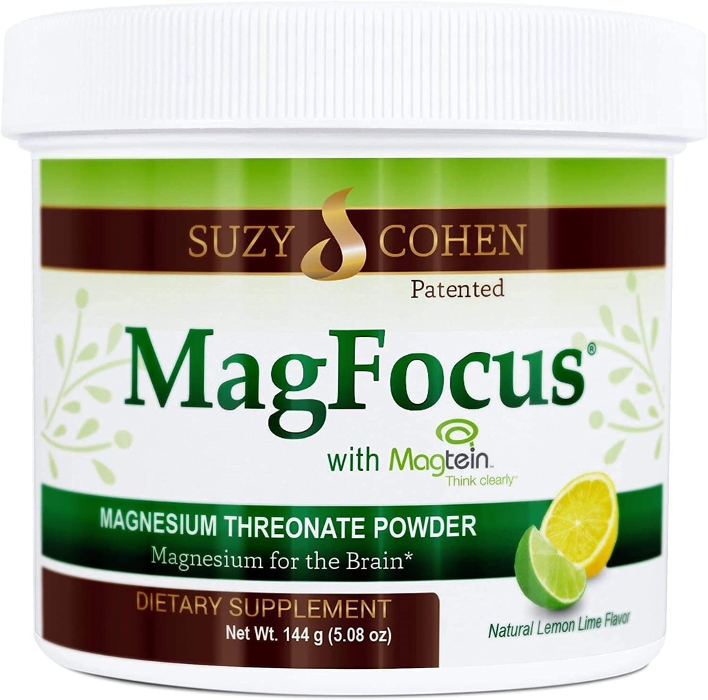 Suzy Cohen MagFocus Magnesium Threonate Powder Dieter Supplement 200mg, Zdravý Nerve, Podpůrné kódování, Energie, Kostní zdraví, Stevia, Lemon Flavor, 60 Služební