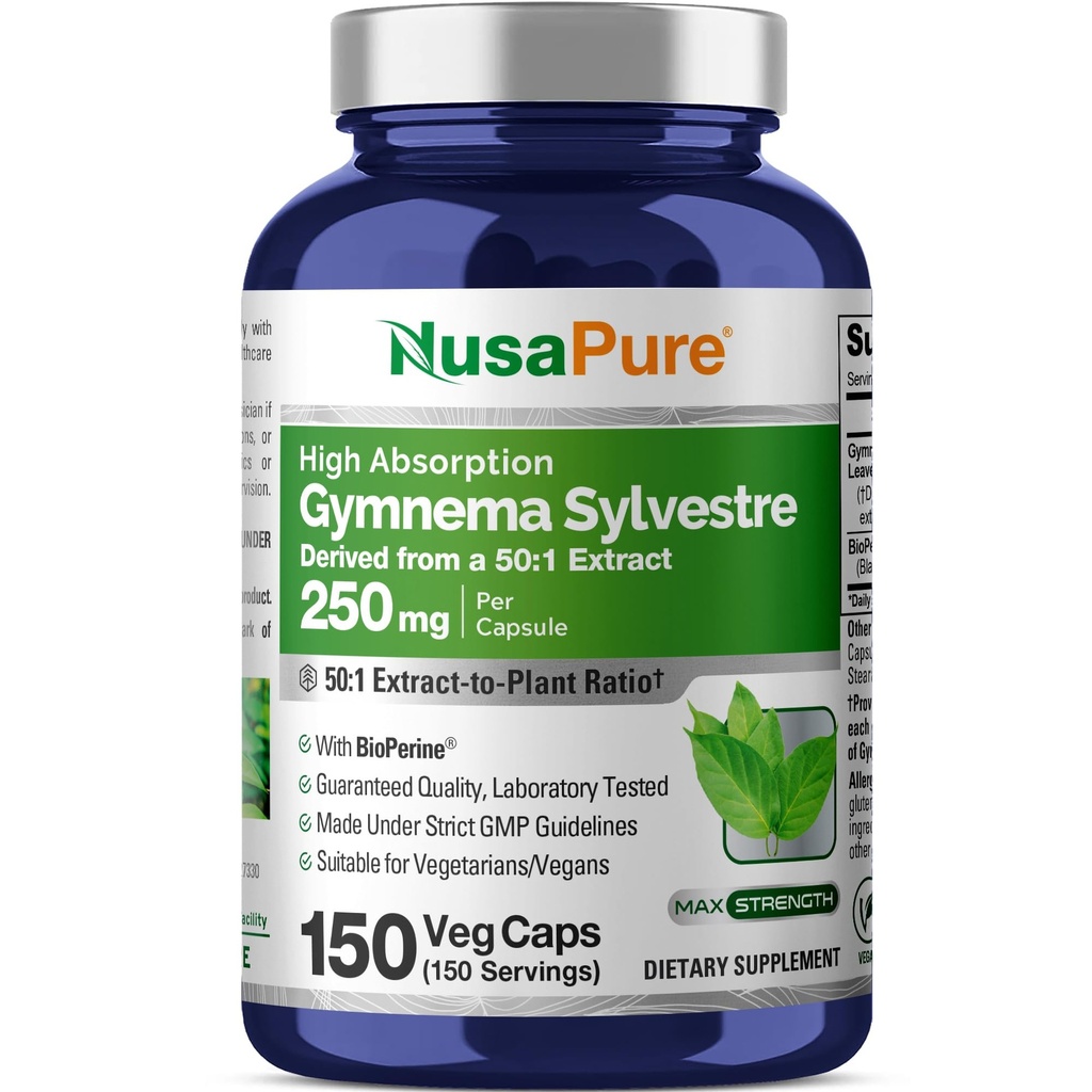 NusaPure Gymnema Sylvestre 50: 1 Extract, 250 mg Ekvivalentní s 12,500mg per Vegan Caps - 150 Počet (Non- GMO, Vegan, Bioperin)
