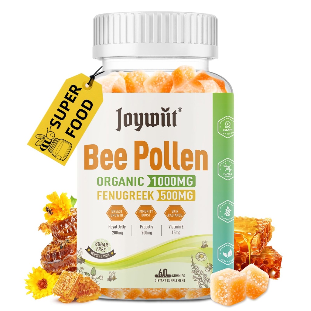 Bee Pollen 1000mg Sugar Free Gummies, w / Fenugreek, Royal Jelly, Propolis, Organic Bee Pollen Chewable Dodatek pro ženy, Bohaté na vitamín E, imunita a péče o pleť, 60 Counts