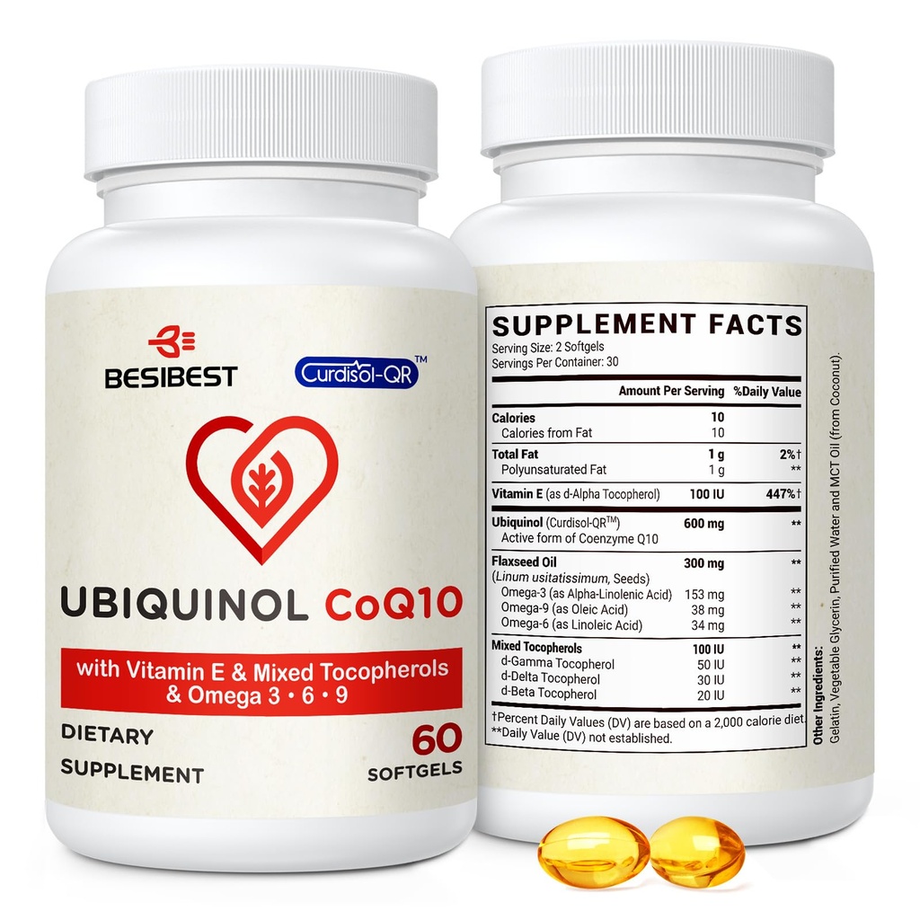 Besibest Ubiquinol CoQ10-600mg-Softgel, Active Coq10 Ubiquinol dodatek s vitaminem E & Omega 3, 6, 9, High Absorption- Coenzyme-Q10, Výkonný antioxidant pro výrobu energie, Testováno, 60 Počet