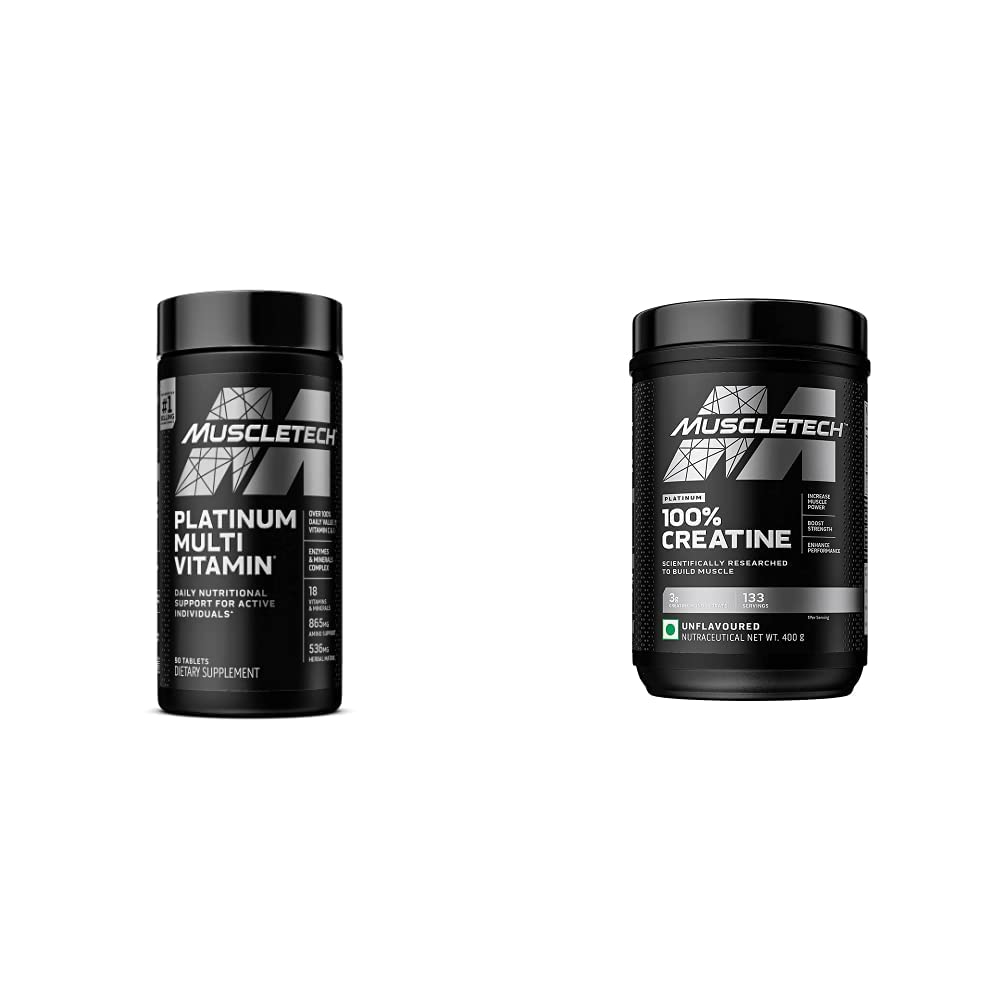 MuscleTech Creatine Monohydrát Powder Platinum Čisté Mikronizované Muscle Recovery + Builder & Platinum Multivitamin pro imunitní podporu 18 Vitamíny & Minerály