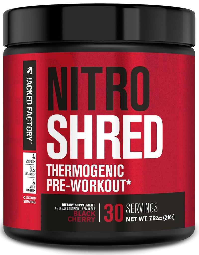 Jacked Factory NITROSURGE Shred Pre Workout Dodatek - Energy Booster, Instant Strength Gains, Sharp Focus, Výkonná čerpadla - Nitric Oxide Booster & PreWorkout Powder - 30Sv, Black Cherry