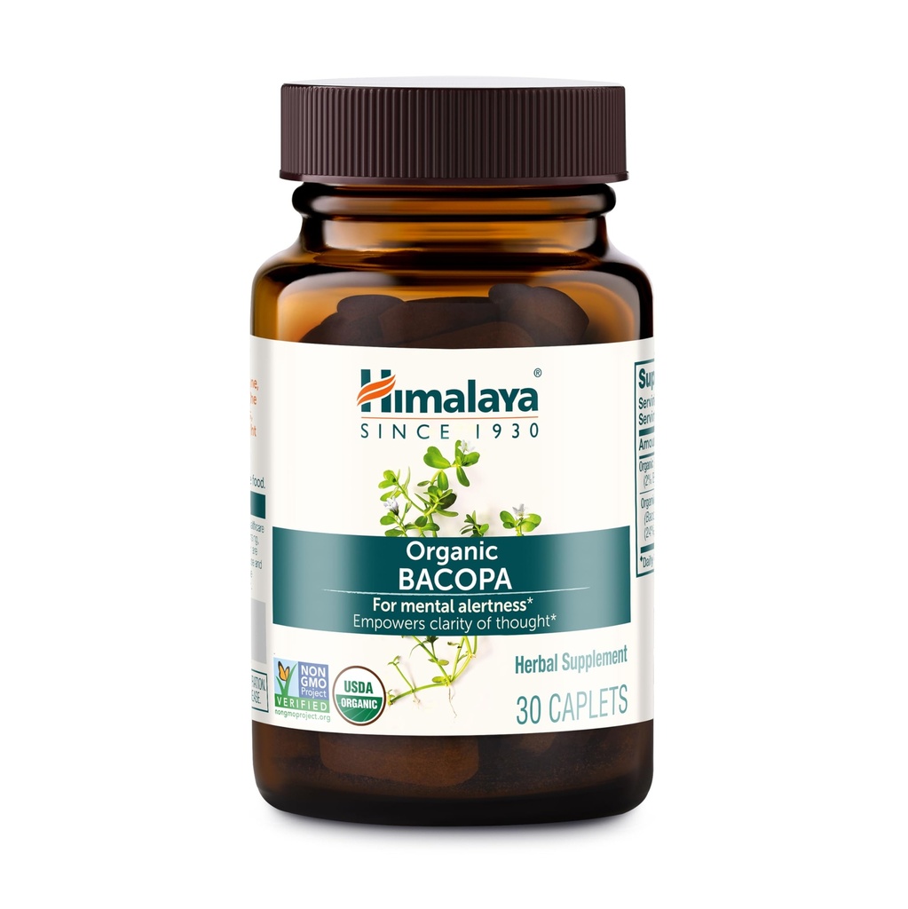 Himalaya Organic Bacopa - Bacopa Monnieri Bylinné mozkové doplňky pro paměť a Focus Support - USDA Organic, Vegan, Non- GMO, Gluten Free, 750 mg, 30 Caplet