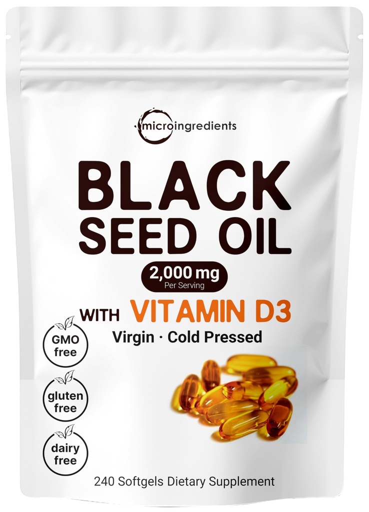 Mikro přísady Black Seed Oil 2000 mg s vitaminem D3 1000 IU, 240 Softgels CLAS124; Cold Pressed - Nigella Sativa Pills from Egypt, Virgin Oil, Odorless, Non- GMO & No Gluten