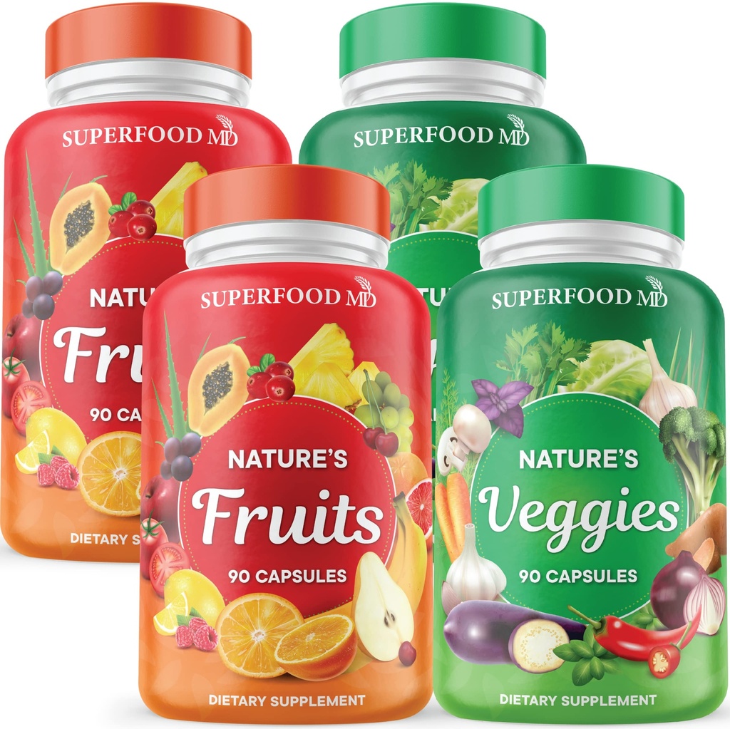Superfood 180 Ovoce a 180 Veggie Kapsle - All Food Natural Superfoods - Udržovat energetické úrovně, s Aloe Vera - Soy Free (90 Počet balení po 4)